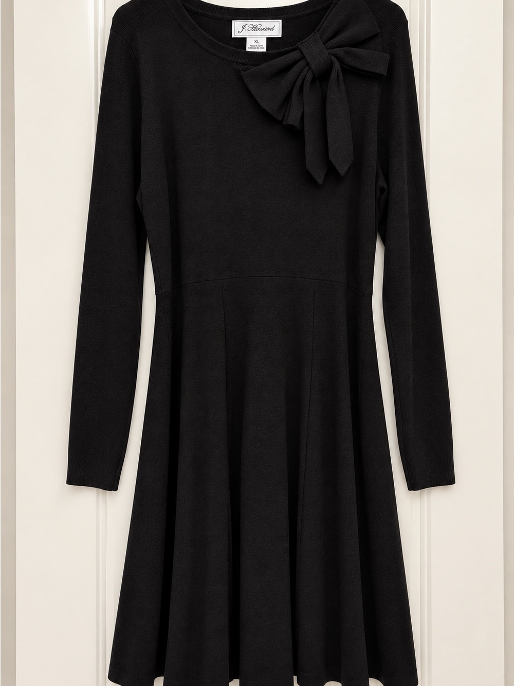 J. Howard Black Long-Sleeve Bow-Accent Fit-and-Flare Dress